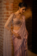 Lavender Satin Silk Ready to Wear Saree with Sequin Cutdana Work Cape Sleeved Blouse