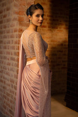 Lavender Satin Silk Ready to Wear Saree with Sequin Cutdana Work Cape Sleeved Blouse