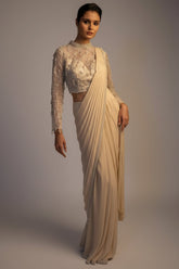 Off White Lycra Ready to Wear Saree with Embellished Beaded and Sequin Long Sleeve Crew Neck Blouse