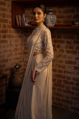 Off White Lycra Ready to Wear Saree with Embellished Beaded and Sequin Long Sleeve Crew Neck Blouse