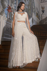 Designer Pearl White Crop Top Palazzo and Jacket Set in Net with Cutdana and Sequins Work