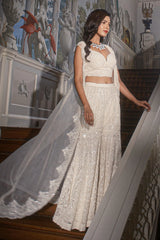 Designer Pearl White Crop Top Palazzo and Jacket Set in Net with Cutdana and Sequins Work