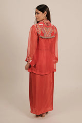 Orange Organza Intricate Embroidery Beaded Dangling Fringe Top with Pleated Skirt