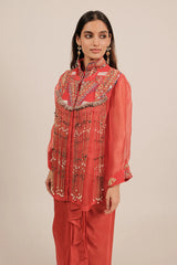 Orange Organza Intricate Embroidery Beaded Dangling Fringe Top with Pleated Skirt