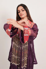 Dark Purple Organza Intricate Embroidery Beaded Dangling Fringe Top with Pleated Skirt