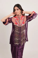 Dark Purple Organza Intricate Embroidery Beaded Dangling Fringe Top with Pleated Skirt
