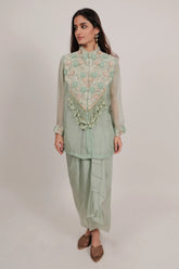 Light Pista Green Organza Thread Embroidery Beaded and Dangling Fringe Tassle Top with Pleated Skirt