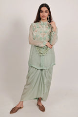 Light Pista Green Organza Thread Embroidery Beaded and Dangling Fringe Tassle Top with Pleated Skirt