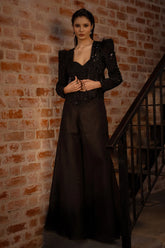 Black Organza Beaded Cutdana Worked Crop Top Palazzo Set with Jacket