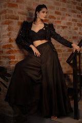 Black Organza Beaded Cutdana Worked Crop Top Palazzo Set with Jacket