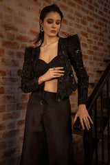 Black Organza Beaded Cutdana Worked Crop Top Palazzo Set with Jacket