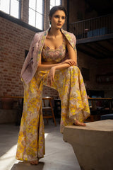 Lavender Net Sequin Beaded Crop Top Palazzo Set with Jacket