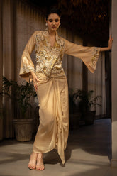 Beige Raw Silk Designer Heavy Worked Crop Top Jacket with Pleated Dhoti Skirt