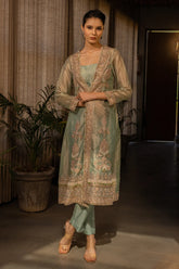 Mint Green Shimmer Tissue Crop Top Pant with Jacket