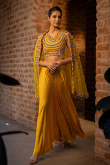 Yellow Satin Silk Beaded Crop Top Palazzo with Cape Jacket