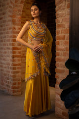 Yellow Satin Silk Beaded Crop Top Palazzo with Cape Jacket