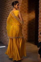 Yellow Satin Silk Beaded Crop Top Palazzo with Cape Jacket