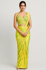 Yellow Crepe Readymade Digital Printed Saree with Sweet Heart Neck Blouse