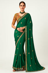 Teal Green Glass Tissue Sequin Embroidered Work Saree
