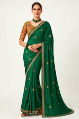 Teal Green Glass Tissue Sequin Embroidered Work Saree