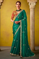 Teal Green Glass Tissue Sequin Embroidered Work Saree