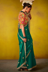 Teal Green Glass Tissue Sequin Embroidered Work Saree
