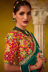 Teal Green Glass Tissue Sequin Embroidered Work Saree