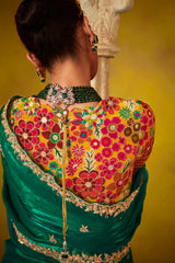 Teal Green Glass Tissue Sequin Embroidered Work Saree