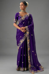 Royal Purple Viscose Chiffon Saree With All Over Embroidery In Zari And Sequins