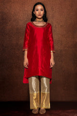 Red Dupion Suit with Sequins Aari Work