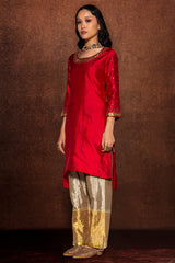Red Dupion Suit with Sequins Aari Work