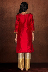 Red Dupion Suit with Sequins Aari Work