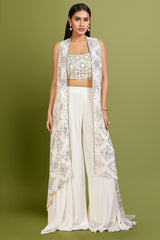 Off White Georgette Beaded and Cutdana Work Crop Top Palazzo with Jacket