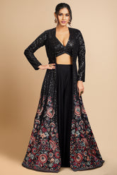Black Georgette Sequinned V Neck Crop Top Palazzo with Long Jacket