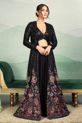 Black Georgette Sequinned V Neck Crop Top Palazzo with Long Jacket