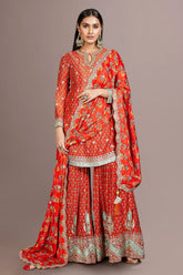 Orange Crepe Printed Key Hole Neck Sharara Suit with Sequin Work