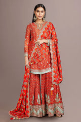 Orange Crepe Printed Key Hole Neck Sharara Suit with Sequin Work