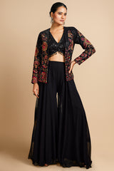 Black Georgette Sequin Work V Neck Crop Top Palazzo with Embroidered Jacket