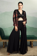 Black Georgette Sequin Work V Neck Crop Top Palazzo with Embroidered Jacket