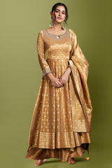 Dark Beige Tissue Zari Weave Anarkali Palazzo Suit