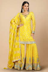 Pastel Yellow Crepe Bandhej Printed Sharara Suit