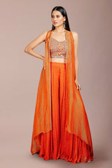 Orange Georgette Mirror Work Pentagon Neck Crop Top Palazzo with Jacket