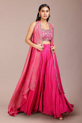 Pink Georgette Mirror Work Pentagon Neck Crop Top Palazzo with Jacket