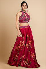 Dark Pink Crepe Halter Neck Crop Top Palazzo Set