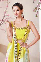 Lime Yellow Crepe Silk Metalic Work Fancy Crop Top Sharara Set with Jacket