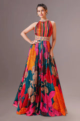Multi Colored Crepe Silk Floral Printed Halter Neck Pintex Bodice Anarkali Suit with Cape on Back