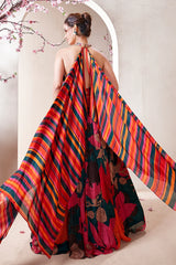 Multi Colored Crepe Silk Floral Printed Halter Neck Pintex Bodice Anarkali Suit with Cape on Back