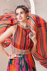 Multi Colored Crepe Silk Floral Printed Halter Neck Pintex Bodice Anarkali Suit with Cape on Back