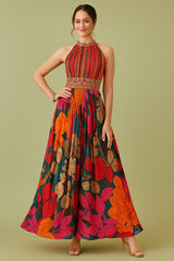 Multi Colored Crepe Silk Floral Printed Halter Neck Pintex Bodice Anarkali Suit with Cape on Back