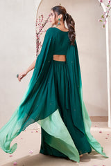 Bottel Green Ombre Crepe Silk Embroidered Detailling Cape Style Crop Top Palazzo Set